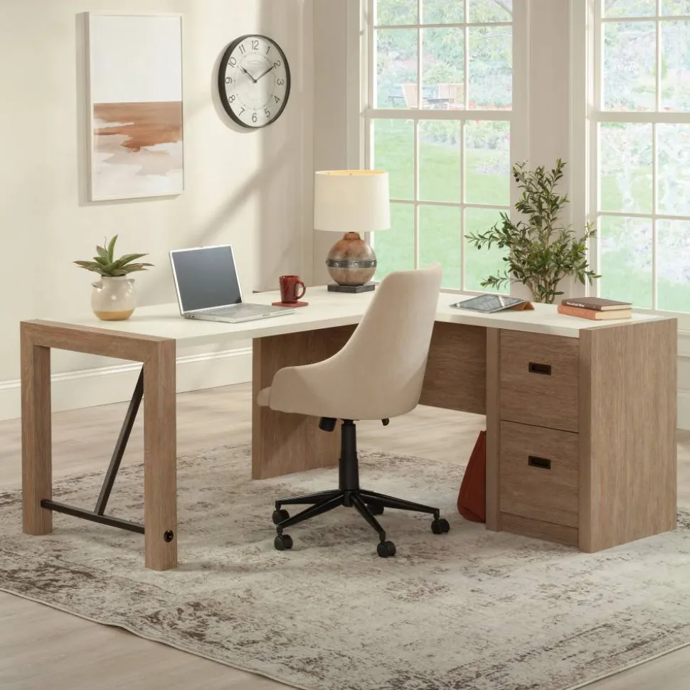 Sauder Dixon City 66"W L-Shaped Computer Desk With Drawers, Brushed Oak/Pebble White