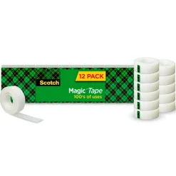 Scotch Magic Tape, Invisible, 3/4 in. x 1000 in., 12 Tape Rolls, Clear, School Supplies and College Essentials for Students and Teachers