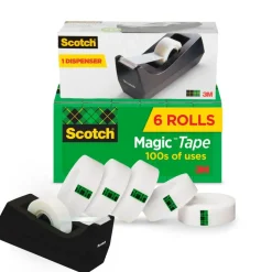 Scotch Magic Tape with Dispenser, Invisible, 3/4 in. x 1000 in., 6 Tape Rolls, Clear, Back to School Supplies and College Essentials for Students