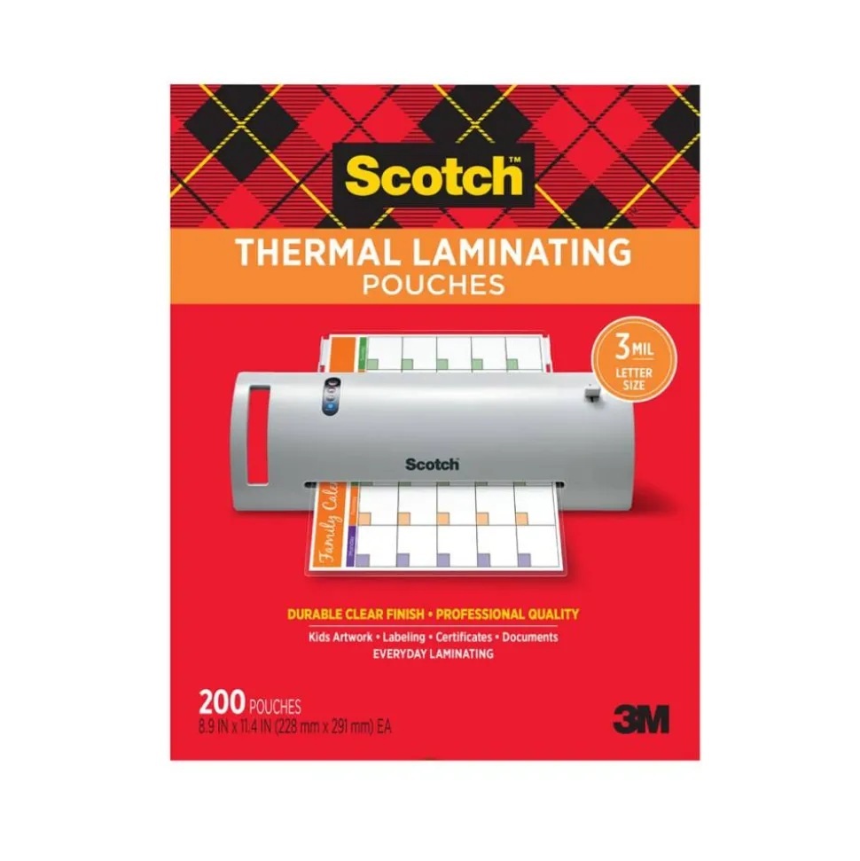 Scotch Thermal Laminating Pouches, 8.9" x 11.4", 200 Laminating Sheets, 3 mil., Fits Letter Size, 200/Pack