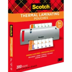 Scotch Thermal Laminating Pouches, 8.9" x 11.4", 200 Laminating Sheets, 3 mil., Fits Letter Size, 200/Pack