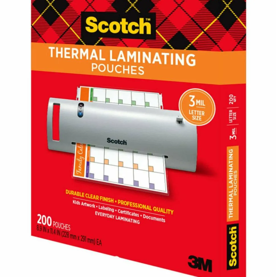 Scotch Thermal Laminating Pouches, 8.9" x 11.4", 200 Laminating Sheets, 3 mil., Fits Letter Size, 200/Pack