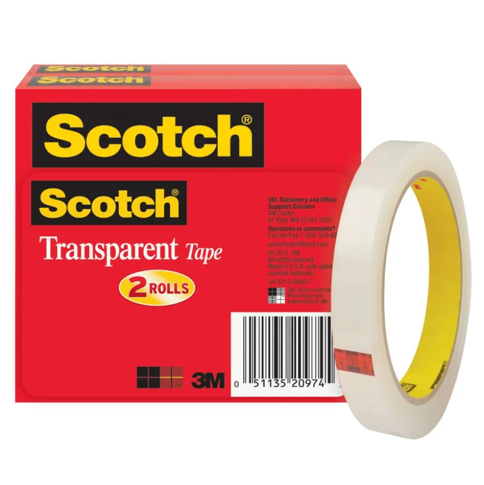 Scotch Transparent Tape, 1/2" x 2592", Clear, Pack of 2 rolls