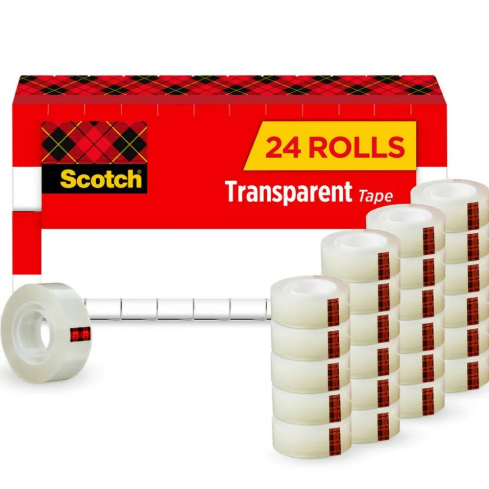 Scotch Transparent Tape, 3/4 in. x 1000 in., 24 Tape Rolls, Clear, School Supplies and College Essentials for Students and Teachers