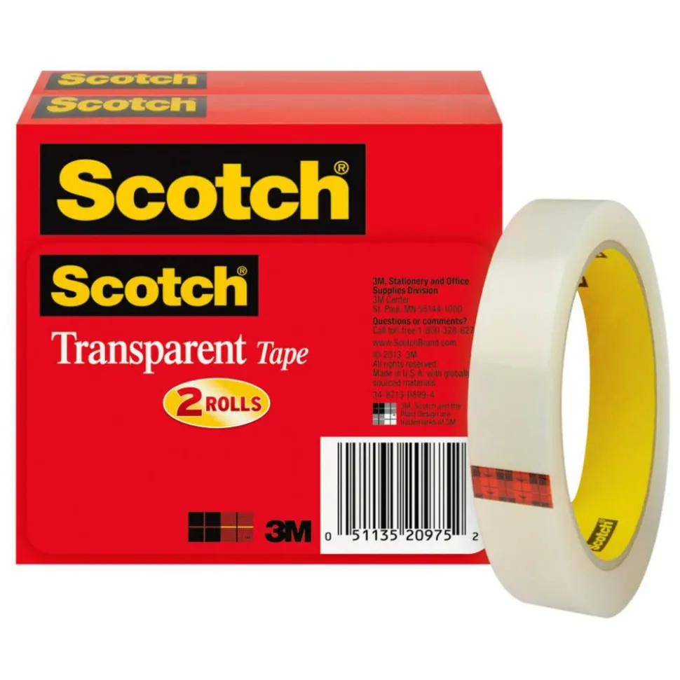Scotch Transparent Tape, 2 Tape Rolls, 3/4 in x 2592 in, Home Office Supplies and School Supplies for College and Classrooms