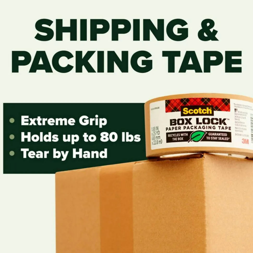 Scotch Box Lock Paper Packing Tape, 8 Tape Rolls, 1.88 in x 25 yd, 3" Core, Extreme Grip Moving Tape, Brown