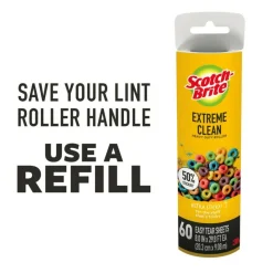 Scotch-Brite Extreme Clean Large Lint Roller Refill, 8 in., 1 Pack, 60 Adhesive Sheets Total, 50% Stickier, Heavy Duty for Removing Debris