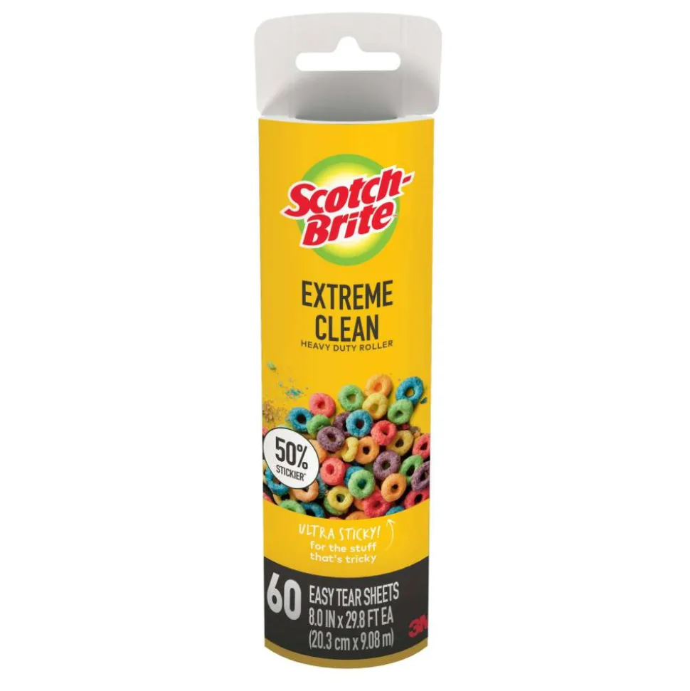Scotch-Brite Extreme Clean Large Lint Roller Refill, 8 in., 1 Pack, 60 Adhesive Sheets Total, 50% Stickier, Heavy Duty for Removing Debris