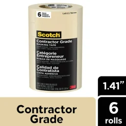 Scotch Contractor Grade Masking Tape, Removable, 6 Tape Rolls, 1.41 in x 60.1 yd, 3" Core, White