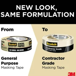 Scotch Contractor Grade Masking Tape, Removable, 6 Tape Rolls, 1.41 in x 60.1 yd, 3