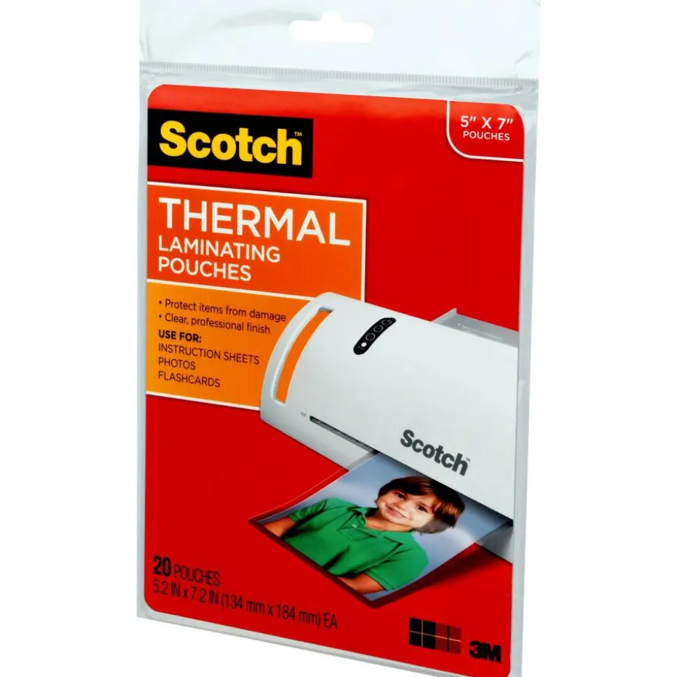 Scotch Front & Back Thermal Laminating Pouches TP5903-20, Glossy, 5.20" x 7.20", 5 mil Thick, Clear, Box Of 20 Laminating Sheets