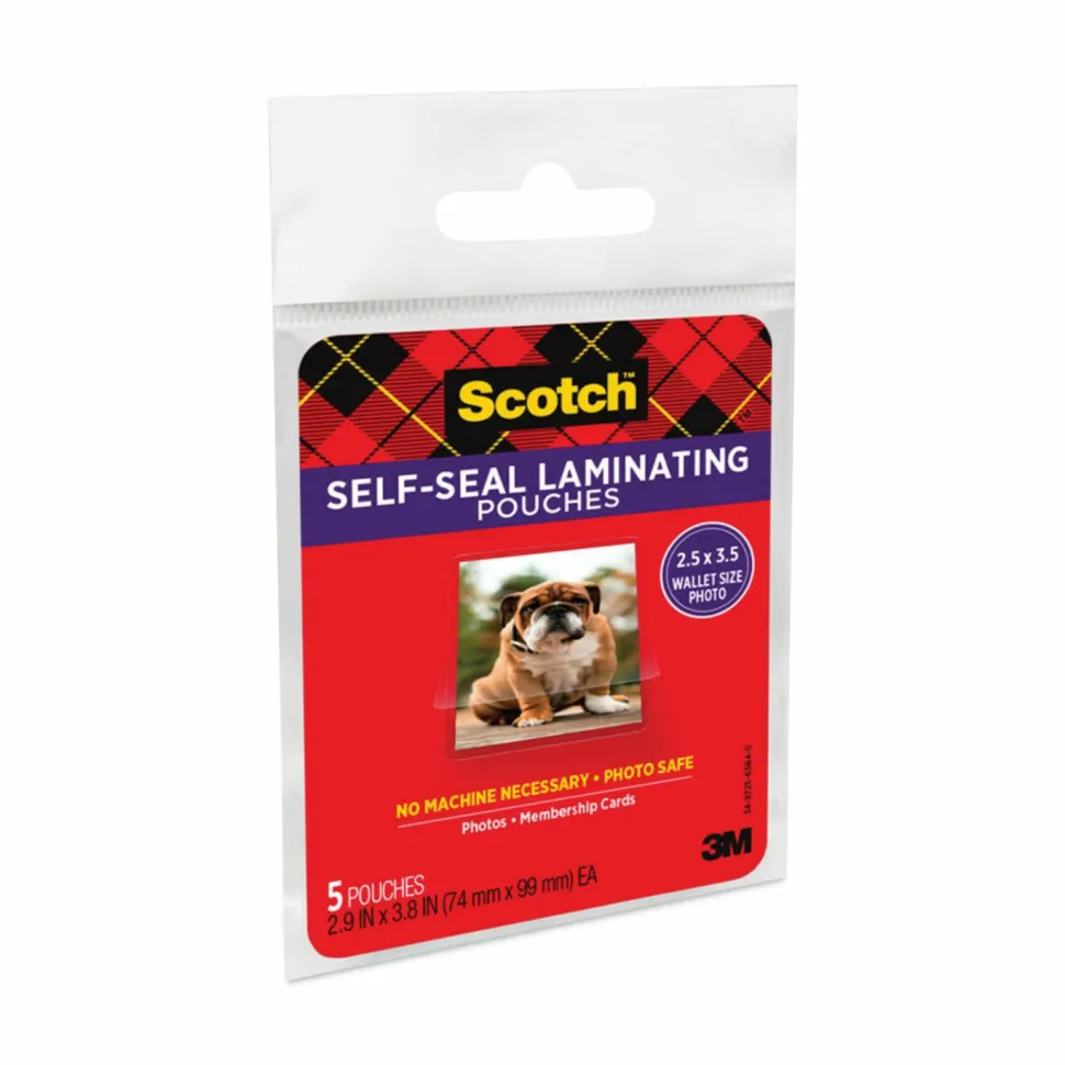 Scotch Self-Sealing Laminating Pouches, 9.5 mil, 2.81" x 3.75", Gloss Clear, 5/Pack