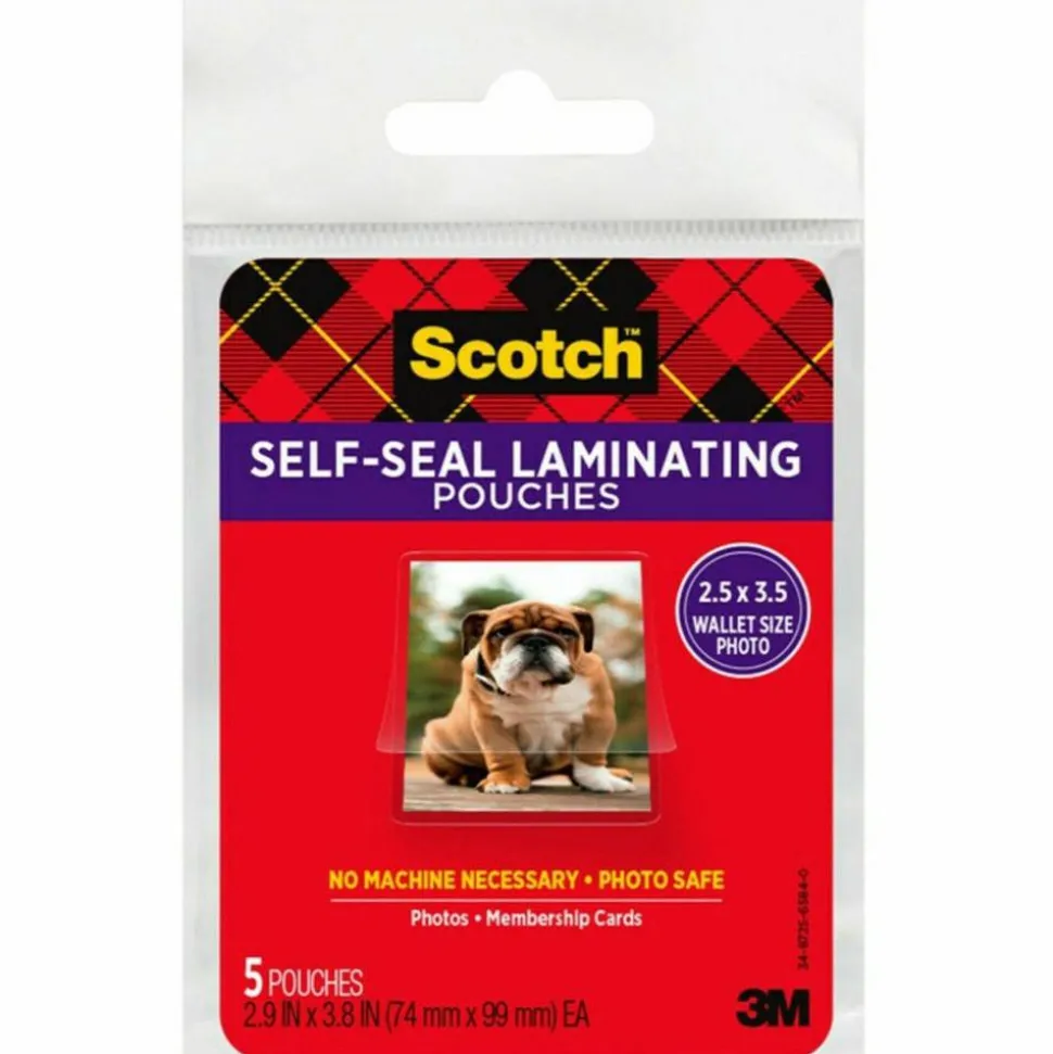 Scotch Self-Sealing Laminating Pouches, 9.5 mil, 2.81" x 3.75", Gloss Clear, 5/Pack