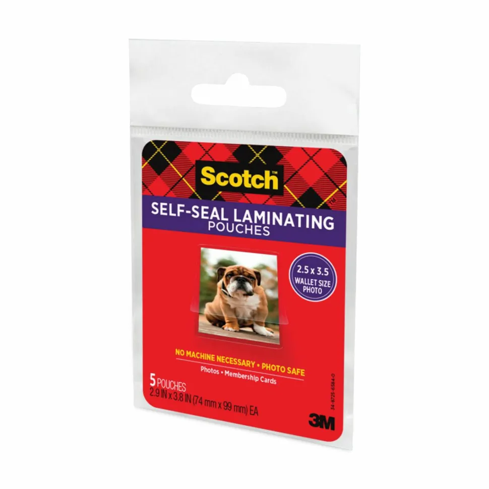 Scotch Self-Sealing Laminating Pouches, 9.5 mil, 2.81" x 3.75", Gloss Clear, 5/Pack