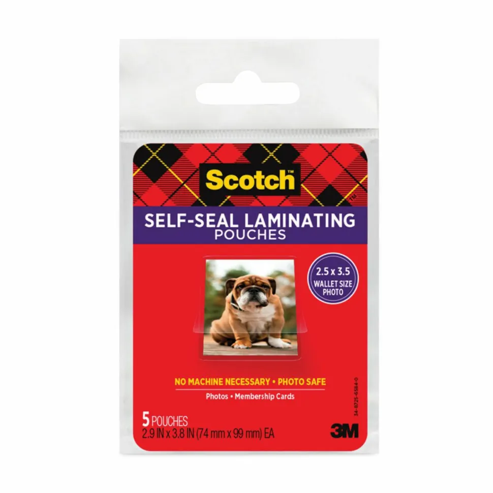 Scotch Self-Sealing Laminating Pouches, 9.5 mil, 2.81" x 3.75", Gloss Clear, 5/Pack