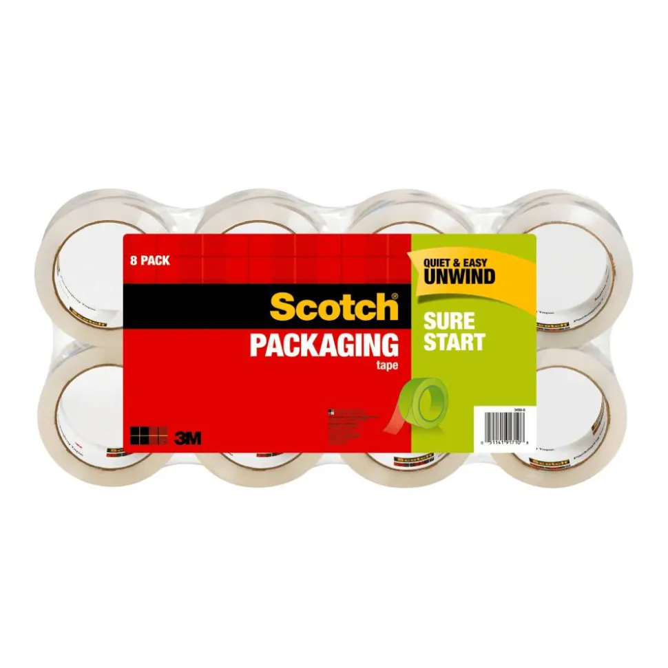 Scotch Sure Start Shipping Tape, 8 Tape Rolls, 1 7/8 in x 54.6 yd, 3" Core, Designed - 34508