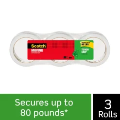 Scotch Tough Grip Moving Packing Tape, 1.88" x 43.7 Yd., Clear, Pack Of 3