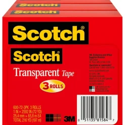 Scotch Transparent Tape, 1 in x 2592 in, 3 Tape Rolls, Clear, School Supplies and College Essentials for Students and Teachers