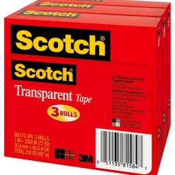 Scotch Transparent Tape, 1 in x 2592 in, 3 Tape Rolls, Clear, School Supplies and College Essentials for Students and Teachers