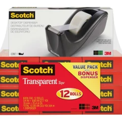 Scotch Transparent Tape with Dispenser, 3/4 in. x 1000 in., 12 Tape Rolls, 1 Tape Dispenser, Back to School Supplies and College Essentials