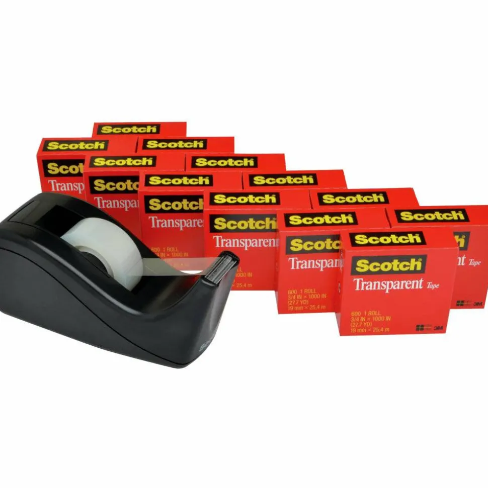 Scotch Transparent Tape with Dispenser, 3/4 in. x 1000 in., 12 Tape Rolls, 1 Tape Dispenser, Back to School Supplies and College Essentials