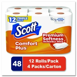 Scott ComfortPlus Toilet Paper, Double Roll, Bath Tissue, Septic Safe, 1-Ply, White, 231 Sheets/Roll, 12 Rolls/Pack, 4 Packs/Carton
