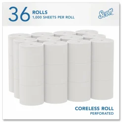 Scott Essential Coreless 2-Ply Toilet Paper, 65% Recycled, 1000 Sheets Per Roll, Pack Of 36 Rolls