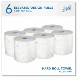 Scott Hardwound 1-Ply Blue Core, White Paper Towels, 70% Recycled, 7.5”x1150', Pack of 6 Rolls