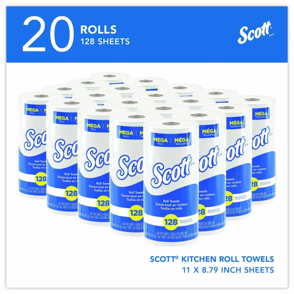 Scott Kitchen Paper Towels, Fast-Drying Absorbency Pockets, 1-Ply, 80% Recycled, 128 Sheets Per Roll, Pack Of 20 Rolls