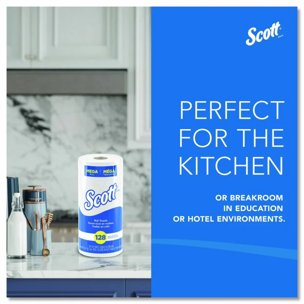 Scott Kitchen Paper Towels, Fast-Drying Absorbency Pockets, 1-Ply, 80% Recycled, 128 Sheets Per Roll, Pack Of 20 Rolls