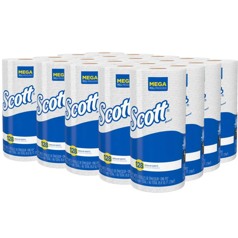 Scott Kitchen Paper Towels, Fast-Drying Absorbency Pockets, 1-Ply, 80% Recycled, 128 Sheets Per Roll, Pack Of 20 Rolls