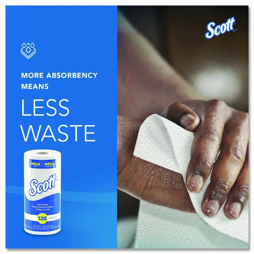Scott Kitchen Paper Towels, Fast-Drying Absorbency Pockets, 1-Ply, 80% Recycled, 128 Sheets Per Roll, Pack Of 20 Rolls