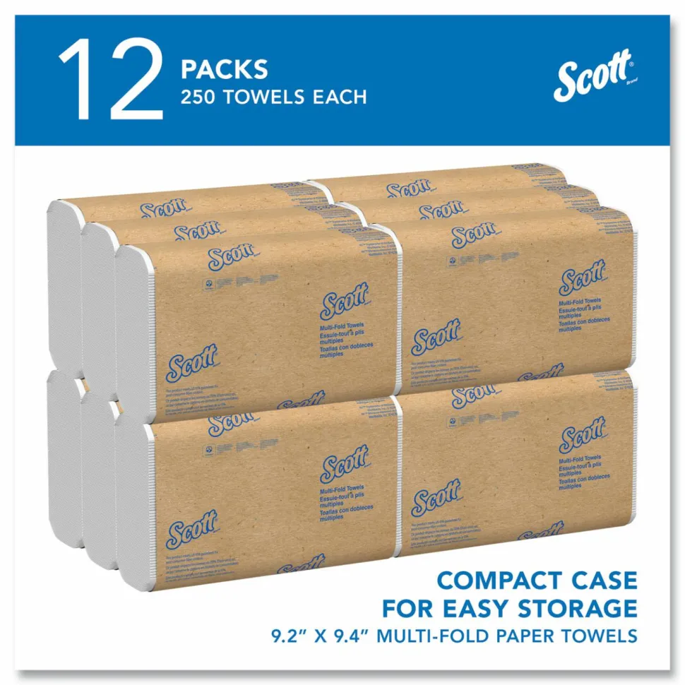 Scott Multi-Fold Towels, Absorbency Pockets, 1-Ply, 9.2 x 9.4, White, 250 Sheets/Pack, 12 Packs/Carton