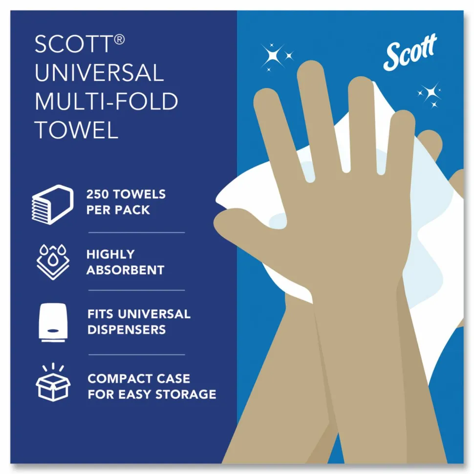 Scott Multi-Fold Towels, Absorbency Pockets, 1-Ply, 9.2 x 9.4, White, 250 Sheets/Pack, 12 Packs/Carton