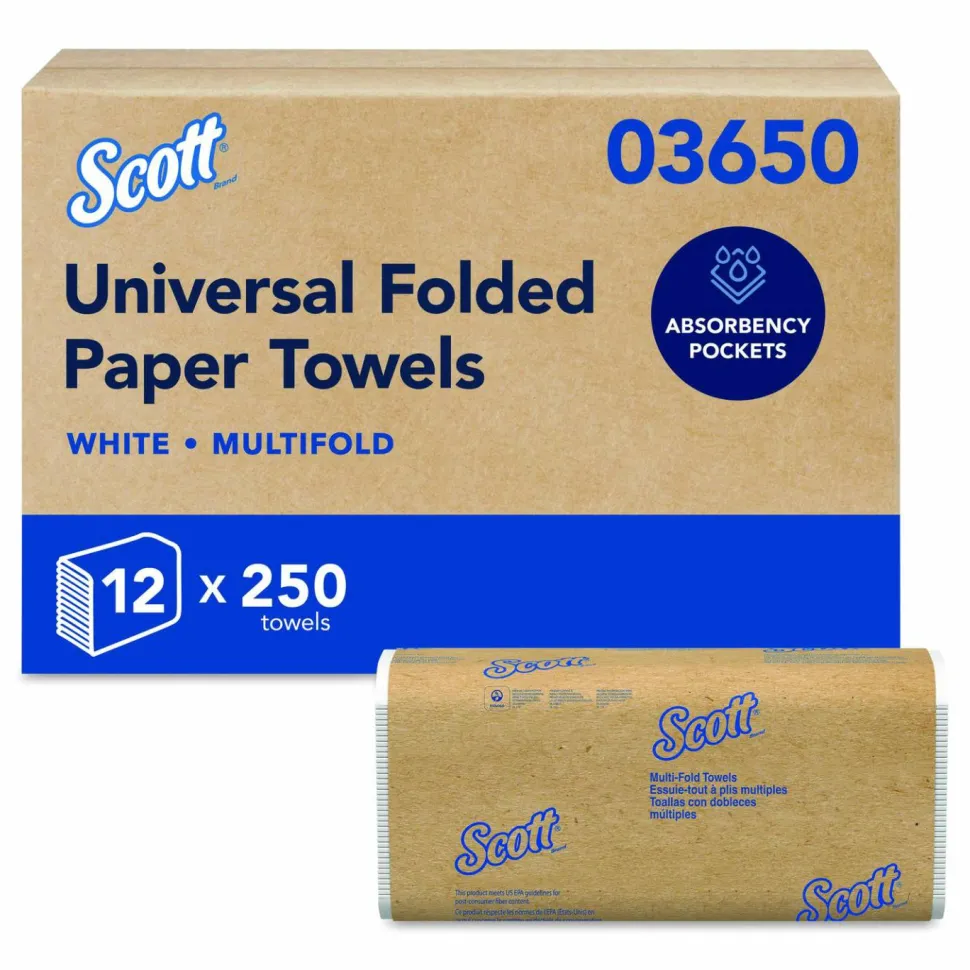 Scott Multi-Fold Towels, Absorbency Pockets, 1-Ply, 9.2 x 9.4, White, 250 Sheets/Pack, 12 Packs/Carton