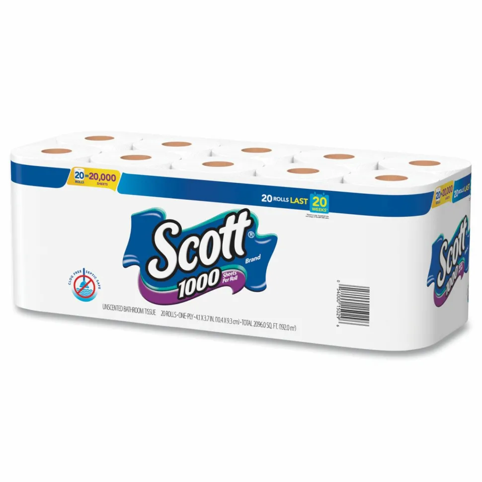 Scott 1-Ply Toilet Paper, 1000 Sheets Per Roll, Pack Of 20 Rolls