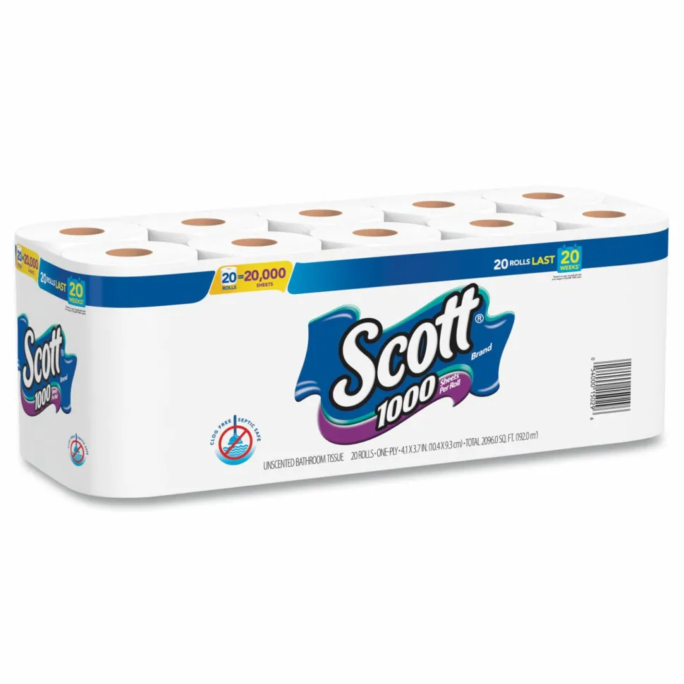 Scott 1-Ply Toilet Paper, 1000 Sheets Per Roll, Pack Of 20 Rolls