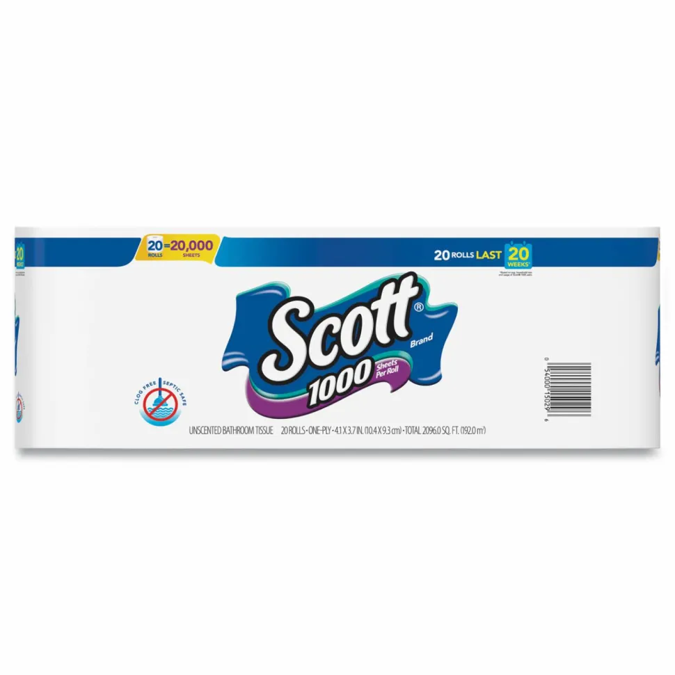 Scott 1-Ply Toilet Paper, 1000 Sheets Per Roll, Pack Of 20 Rolls