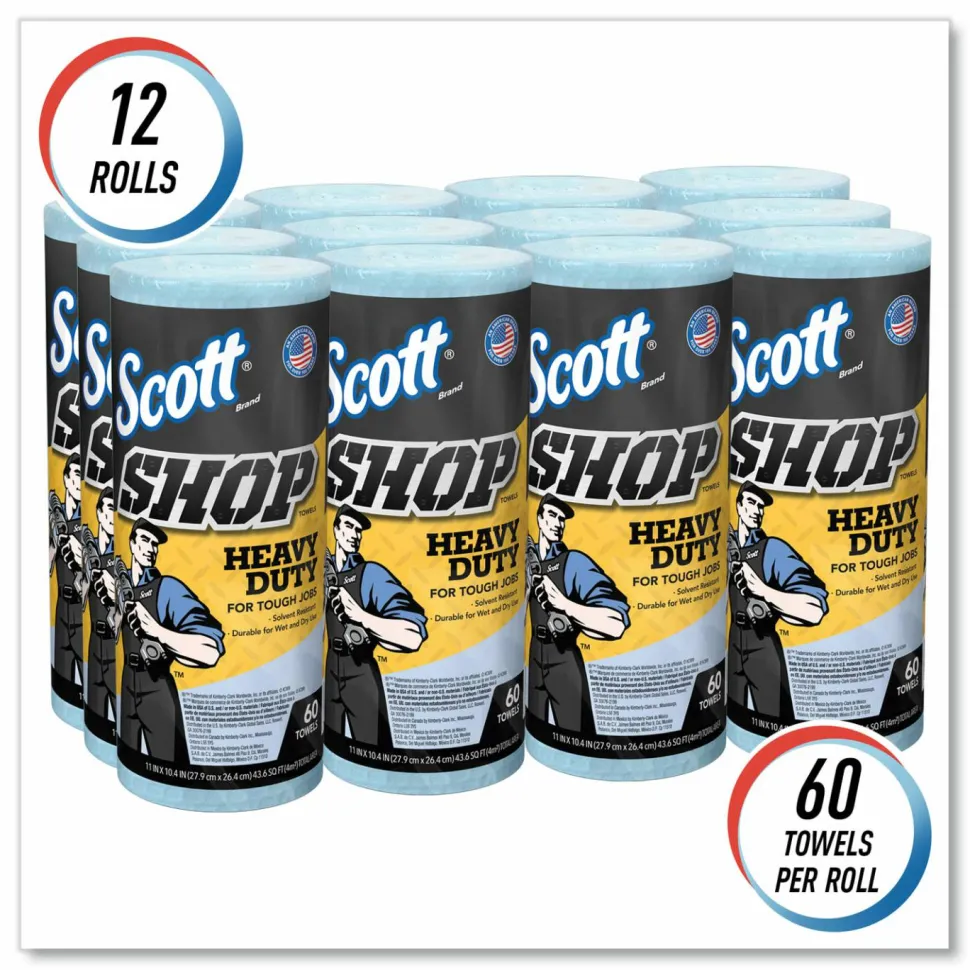 Scott Pro Shop Towels, Heavy Duty, 1-Ply, 10.4 x 11, Blue, 12 Rolls/Carton