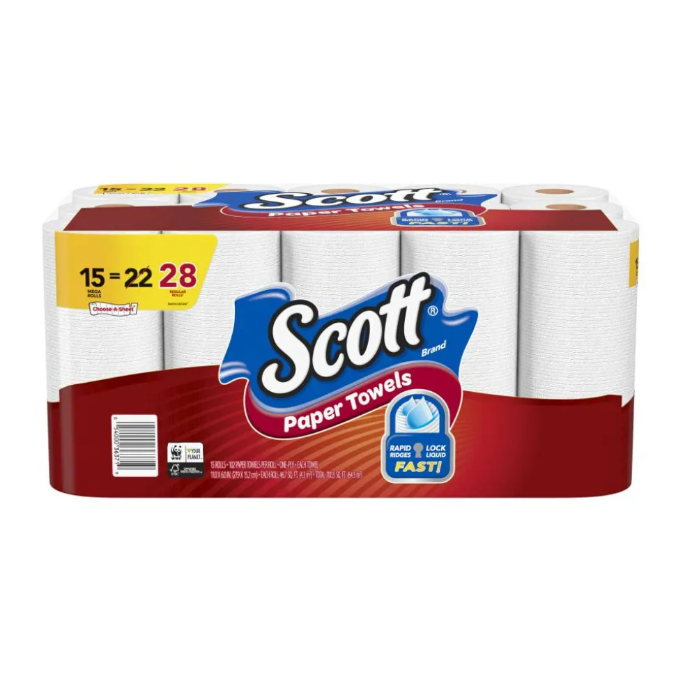 Scott Select-A-Size Mega 1-Ply Paper Towels, 102 Sheets Per Roll, Pack Of 15 Rolls