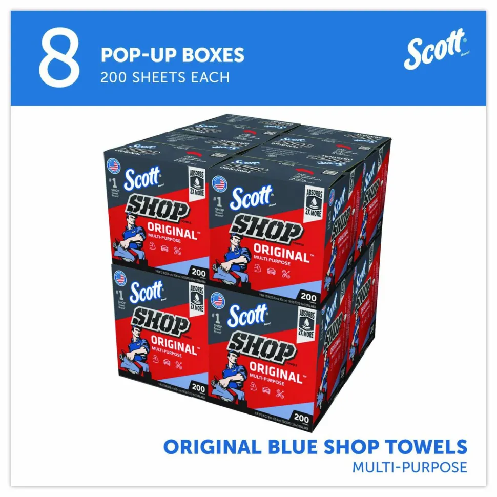 Scott Shop Towels, POP-UP Box, 1-Ply, 9 x 12, Blue, 200/Box, 8 Boxes/Carton