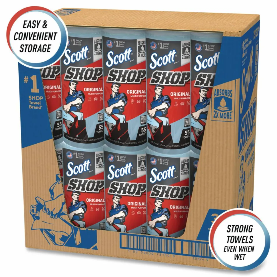 Scott Shop Towels, Standard Roll, 1-Ply, 9.4 x 11, Blue, 55/Roll, 30 Rolls/Carton