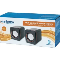 2600 Series Speaker System, Small Size, Big Sound, Two Speakers, Stereo, USB power, Output: 2x 3W, 3.5mm plug for sound, In-Line volume control, Cable 0.9m, Black, Three Year Warranty