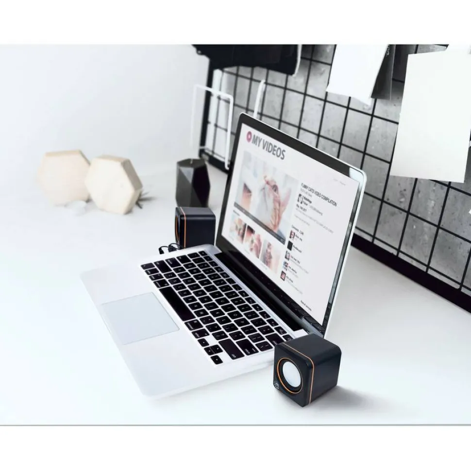 2600 Series Speaker System, Small Size, Big Sound, Two Speakers, Stereo, USB power, Output: 2x 3W, 3.5mm plug for sound, In-Line volume control, Cable 0.9m, Black, Three Year Warranty
