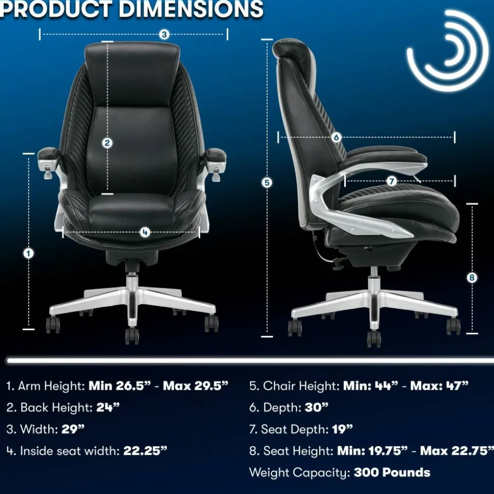 Serta iComfort i6000 Ergonomic Bonded Leather High-Back Executive Office Chair, Black/Silver