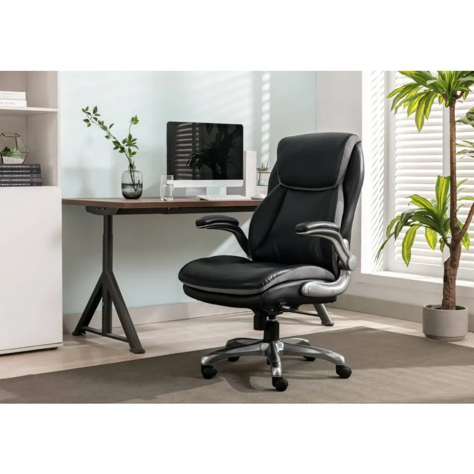 Serta Smart Layers Brinkley Ergonomic Bonded Leather High-Back Executive Office Chair, Black/Silver