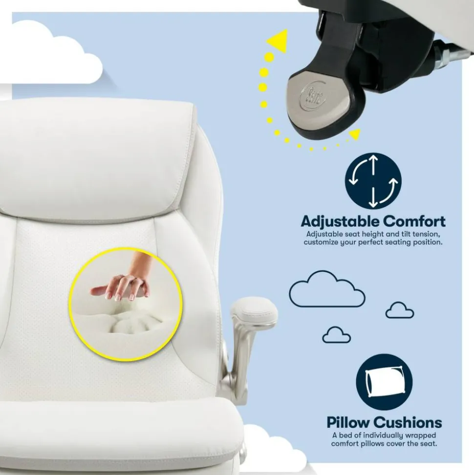 Serta Smart Layers Brinkley Ergonomic Bonded Leather High-Back Executive Office Chair, White/Silver