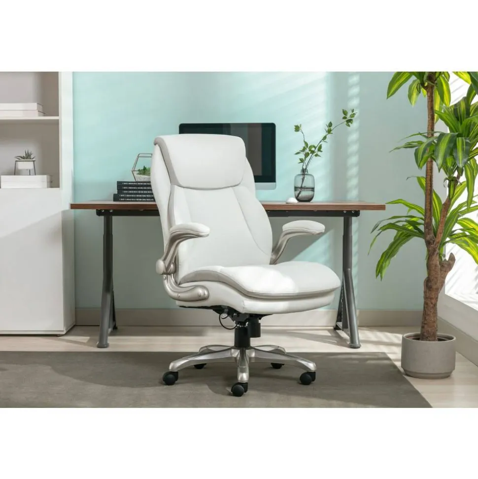 Serta Smart Layers Brinkley Ergonomic Bonded Leather High-Back Executive Office Chair, White/Silver