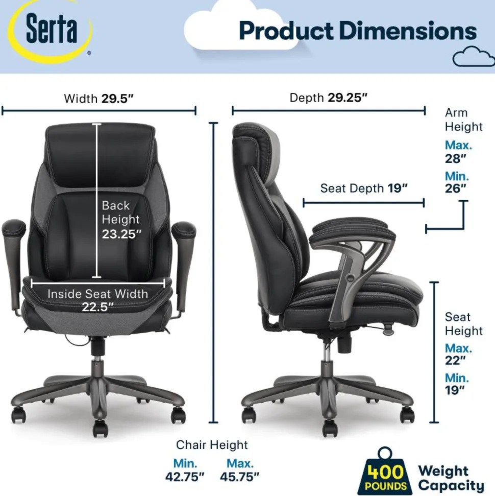 Serta SmartLayers Everett Big & Tall Ergonomic Vegan Leather High-Back Executive Office Chair, Black/Dark Gray, BIFMA Compliant