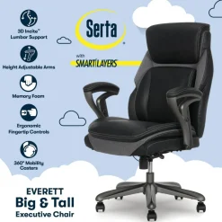 Serta SmartLayers Everett Big & Tall Ergonomic Vegan Leather High-Back Executive Office Chair, Black/Dark Gray, BIFMA Compliant